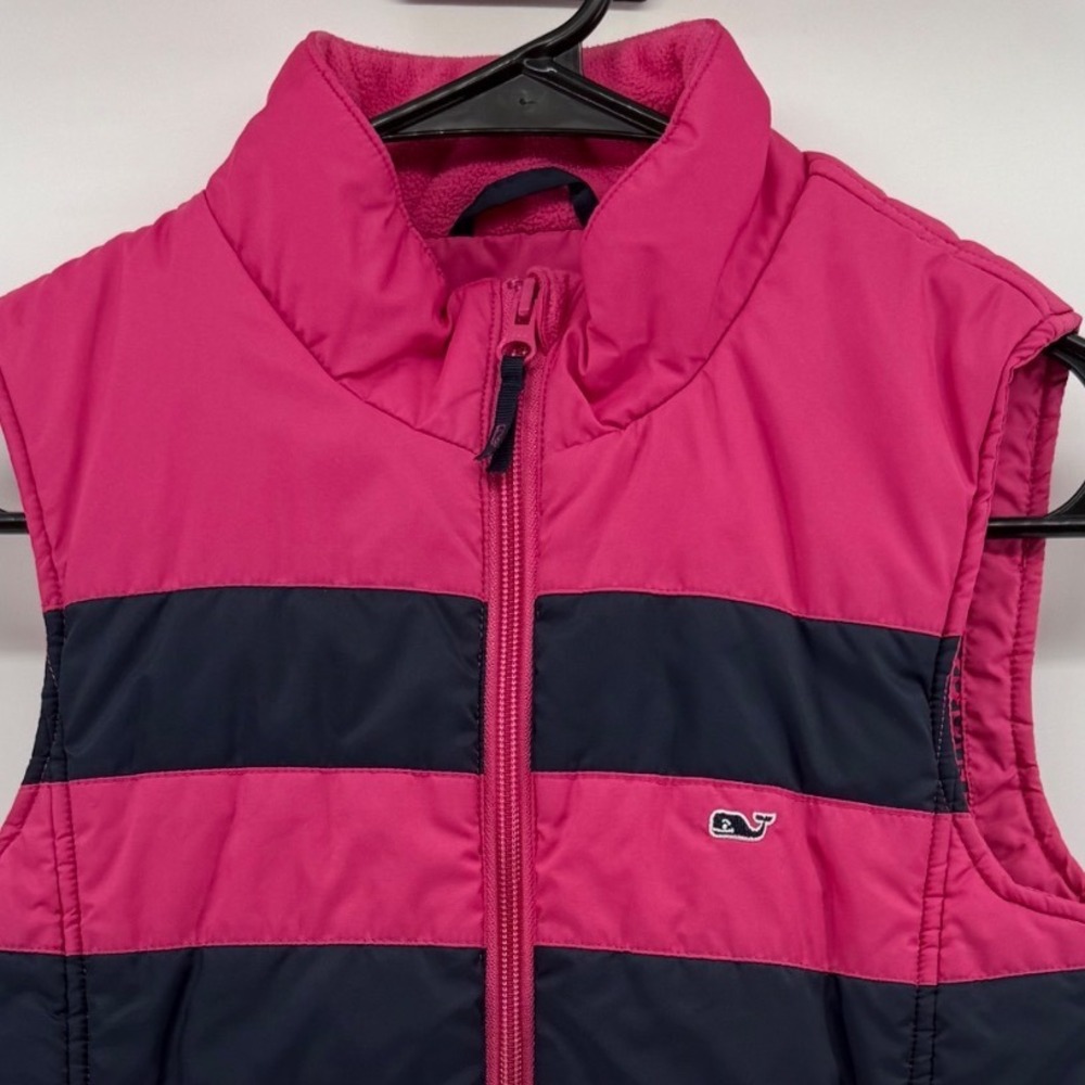Vineyard Vines Girls Pink Navy Blue Striped Puffer Vest Size S 7-8 Fleece Collar